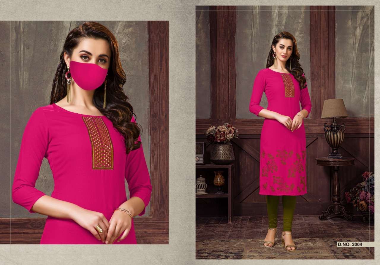 CHINGARI VOL-2 BY NITISHA NX 2001 TO 2006 SERIES BEAUTIFUL STYLISH FANCY COLORFUL CASUAL WEAR & ETHNIC WEAR & READY TO WEAR HEAVY SOFT COTTON SLUB EMBROIDERED KURTIS WITH MASK AT WHOLESALE PRICE