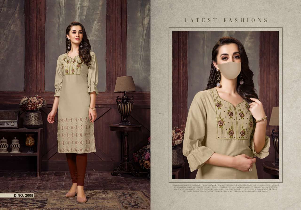 CHINGARI VOL-2 BY NITISHA NX 2001 TO 2006 SERIES BEAUTIFUL STYLISH FANCY COLORFUL CASUAL WEAR & ETHNIC WEAR & READY TO WEAR HEAVY SOFT COTTON SLUB EMBROIDERED KURTIS WITH MASK AT WHOLESALE PRICE