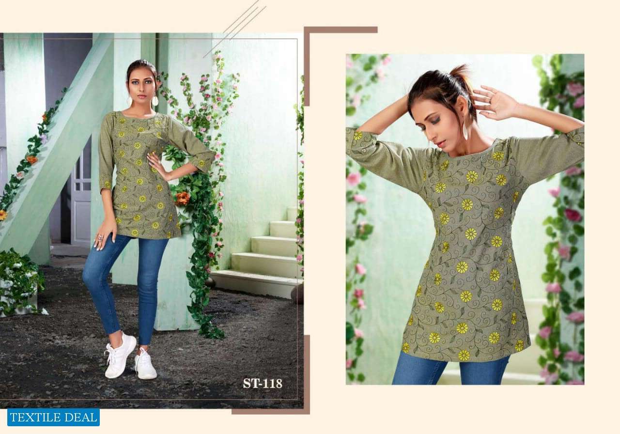 TOP-UP BY SNAPSTYLE STYLISH FANCY BEAUTIFUL COLORFUL CASUAL WEAR & ETHNIC WEAR RAYON DENIM EMBROIDERED KURTIS AT WHOLESALE PRICE