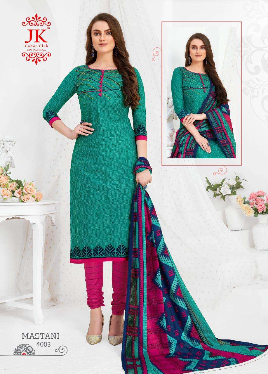 MASTANI VOL-4 BY JK COTTON CLUB 4001 TO 4010 SERIES DESIGNER SUITS STYLISH DESIGNER COLORFUL FANCY BEAUTIFUL PARTY WEAR & ETHNIC WEAR COTTON PRINTED DRESSES AT WHOLESALE PRICE