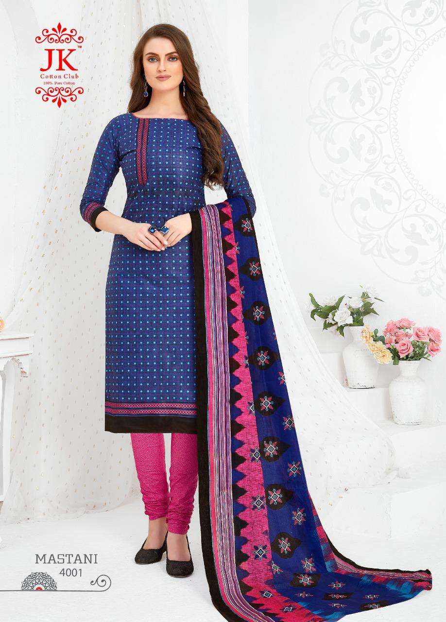 MASTANI VOL-4 BY JK COTTON CLUB 4001 TO 4010 SERIES DESIGNER SUITS STYLISH DESIGNER COLORFUL FANCY BEAUTIFUL PARTY WEAR & ETHNIC WEAR COTTON PRINTED DRESSES AT WHOLESALE PRICE