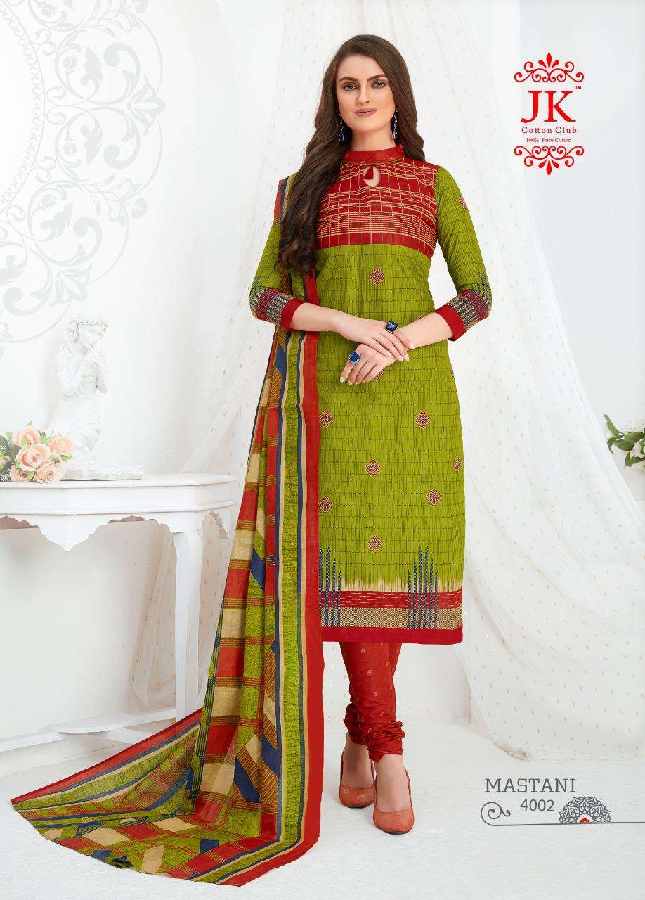 MASTANI VOL-4 BY JK COTTON CLUB 4001 TO 4010 SERIES DESIGNER SUITS STYLISH DESIGNER COLORFUL FANCY BEAUTIFUL PARTY WEAR & ETHNIC WEAR COTTON PRINTED DRESSES AT WHOLESALE PRICE