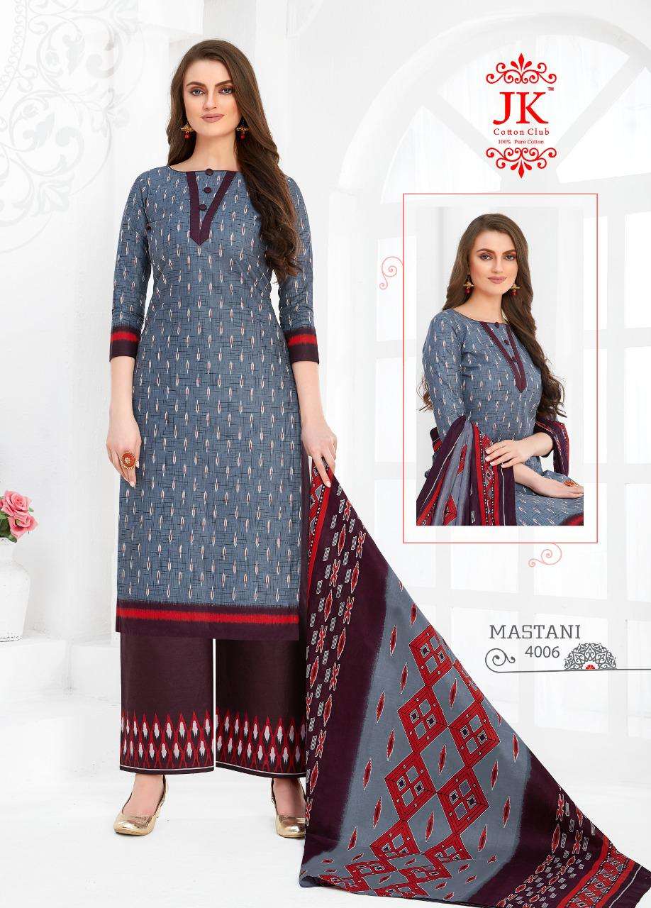 MASTANI VOL-4 BY JK COTTON CLUB 4001 TO 4010 SERIES DESIGNER SUITS STYLISH DESIGNER COLORFUL FANCY BEAUTIFUL PARTY WEAR & ETHNIC WEAR COTTON PRINTED DRESSES AT WHOLESALE PRICE
