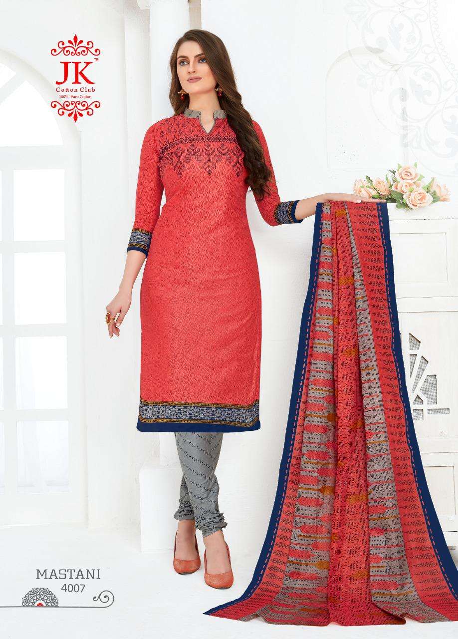 MASTANI VOL-4 BY JK COTTON CLUB 4001 TO 4010 SERIES DESIGNER SUITS STYLISH DESIGNER COLORFUL FANCY BEAUTIFUL PARTY WEAR & ETHNIC WEAR COTTON PRINTED DRESSES AT WHOLESALE PRICE