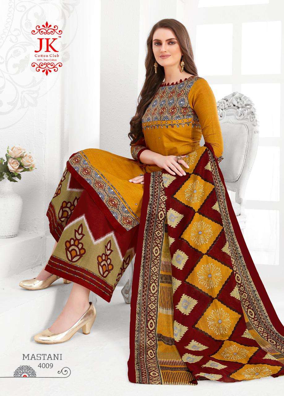 MASTANI VOL-4 BY JK COTTON CLUB 4001 TO 4010 SERIES DESIGNER SUITS STYLISH DESIGNER COLORFUL FANCY BEAUTIFUL PARTY WEAR & ETHNIC WEAR COTTON PRINTED DRESSES AT WHOLESALE PRICE