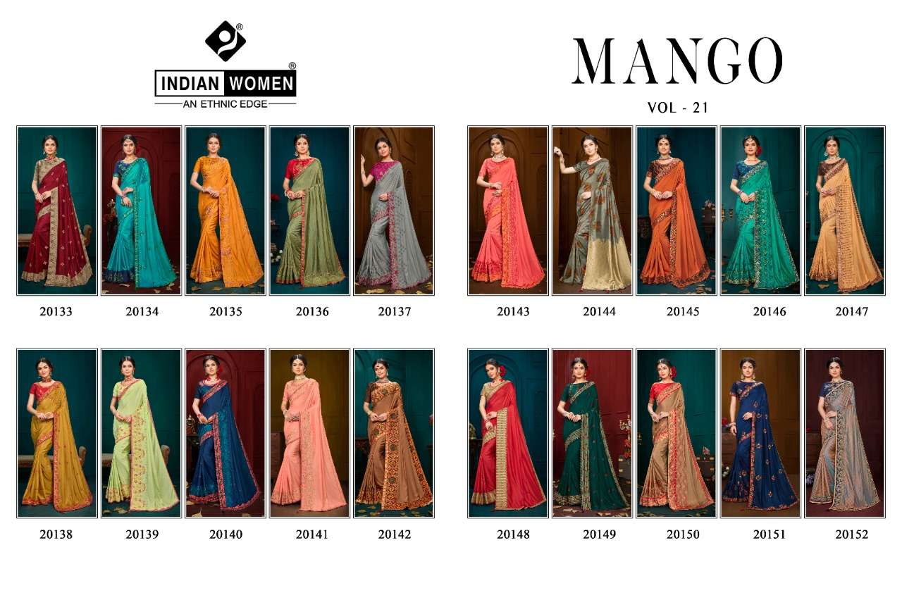 MANGO VOL-21 BY INDIAN WOMEN 20133 TO 20152 SERIES INDIAN TRADITIONAL WEAR COLLECTION BEAUTIFUL STYLISH FANCY COLORFUL PARTY WEAR & OCCASIONAL WEAR TWO TONE SILK EMBROIDERED SAREES AT WHOLESALE PRICE
