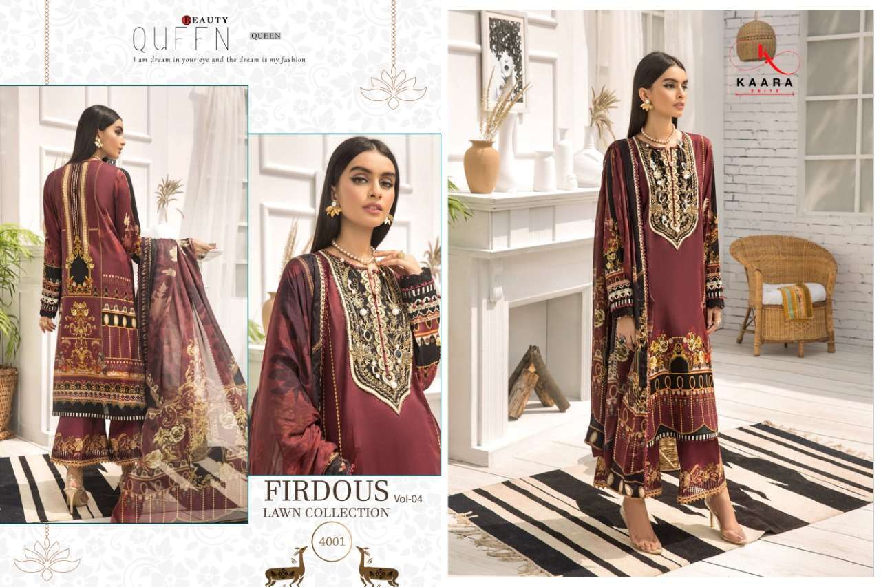 FIRDOUS LAWN COLLECTION VOL-4 BY KAARA SUITS 4001 TO 4006 SERIES BEAUTIFUL WINTER COLLECTION SUITS STYLISH FANCY COLORFUL CASUAL WEAR & ETHNIC WEAR PURE COTTON DIGITAL PRINTED WITH EMBROIDERY DRESSES AT WHOLESALE PRICE