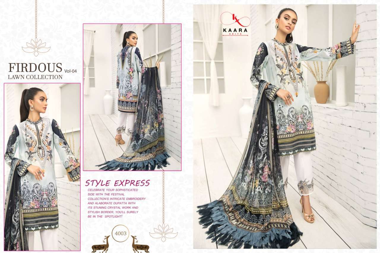 FIRDOUS LAWN COLLECTION VOL-4 BY KAARA SUITS 4001 TO 4006 SERIES BEAUTIFUL WINTER COLLECTION SUITS STYLISH FANCY COLORFUL CASUAL WEAR & ETHNIC WEAR PURE COTTON DIGITAL PRINTED WITH EMBROIDERY DRESSES AT WHOLESALE PRICE
