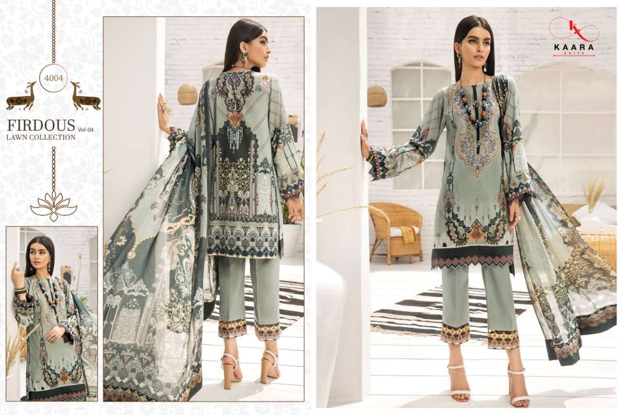 FIRDOUS LAWN COLLECTION VOL-4 BY KAARA SUITS 4001 TO 4006 SERIES BEAUTIFUL WINTER COLLECTION SUITS STYLISH FANCY COLORFUL CASUAL WEAR & ETHNIC WEAR PURE COTTON DIGITAL PRINTED WITH EMBROIDERY DRESSES AT WHOLESALE PRICE