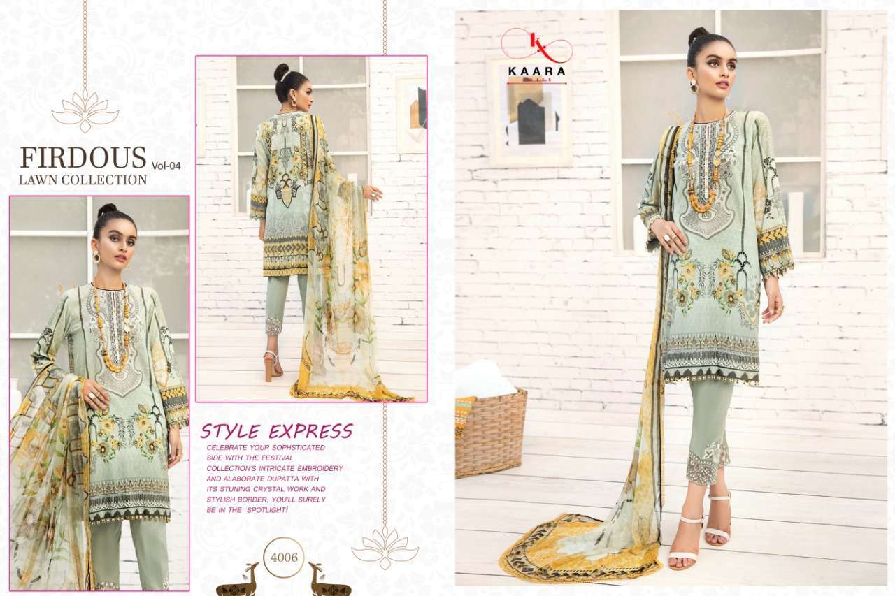 FIRDOUS LAWN COLLECTION VOL-4 BY KAARA SUITS 4001 TO 4006 SERIES BEAUTIFUL WINTER COLLECTION SUITS STYLISH FANCY COLORFUL CASUAL WEAR & ETHNIC WEAR PURE COTTON DIGITAL PRINTED WITH EMBROIDERY DRESSES AT WHOLESALE PRICE