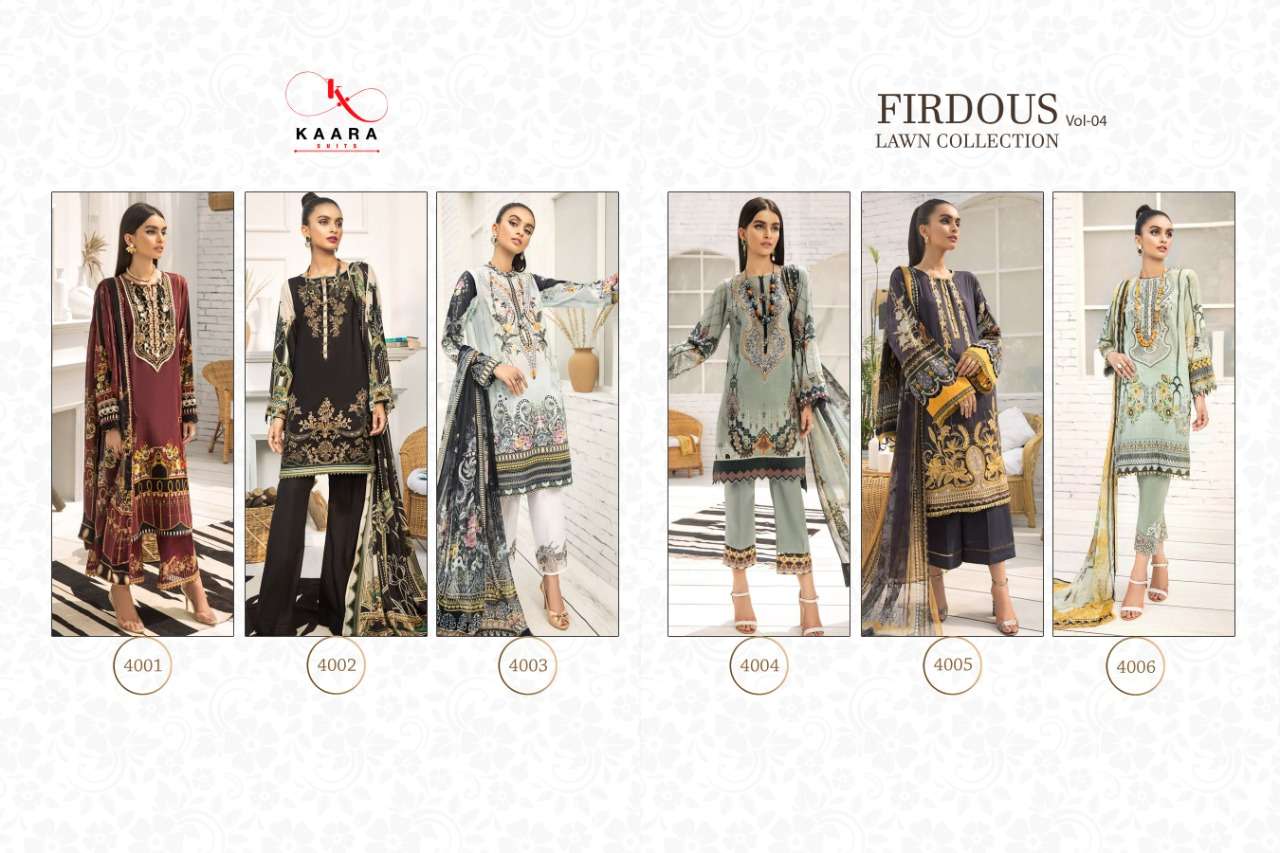 FIRDOUS LAWN COLLECTION VOL-4 BY KAARA SUITS 4001 TO 4006 SERIES BEAUTIFUL WINTER COLLECTION SUITS STYLISH FANCY COLORFUL CASUAL WEAR & ETHNIC WEAR PURE COTTON DIGITAL PRINTED WITH EMBROIDERY DRESSES AT WHOLESALE PRICE