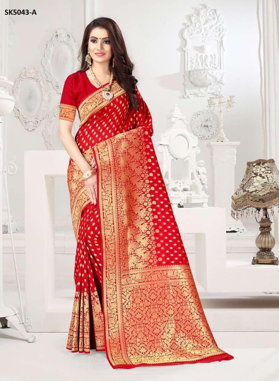 SHAKUNTALA BY INDIAN WOMEN 5043 TO 5048 SERIES INDIAN TRADITIONAL WEAR COLLECTION BEAUTIFUL STYLISH FANCY COLORFUL PARTY WEAR & OCCASIONAL WEAR DYED SILK WITH JACQUARD PALLU SAREES AT WHOLESALE PRICE