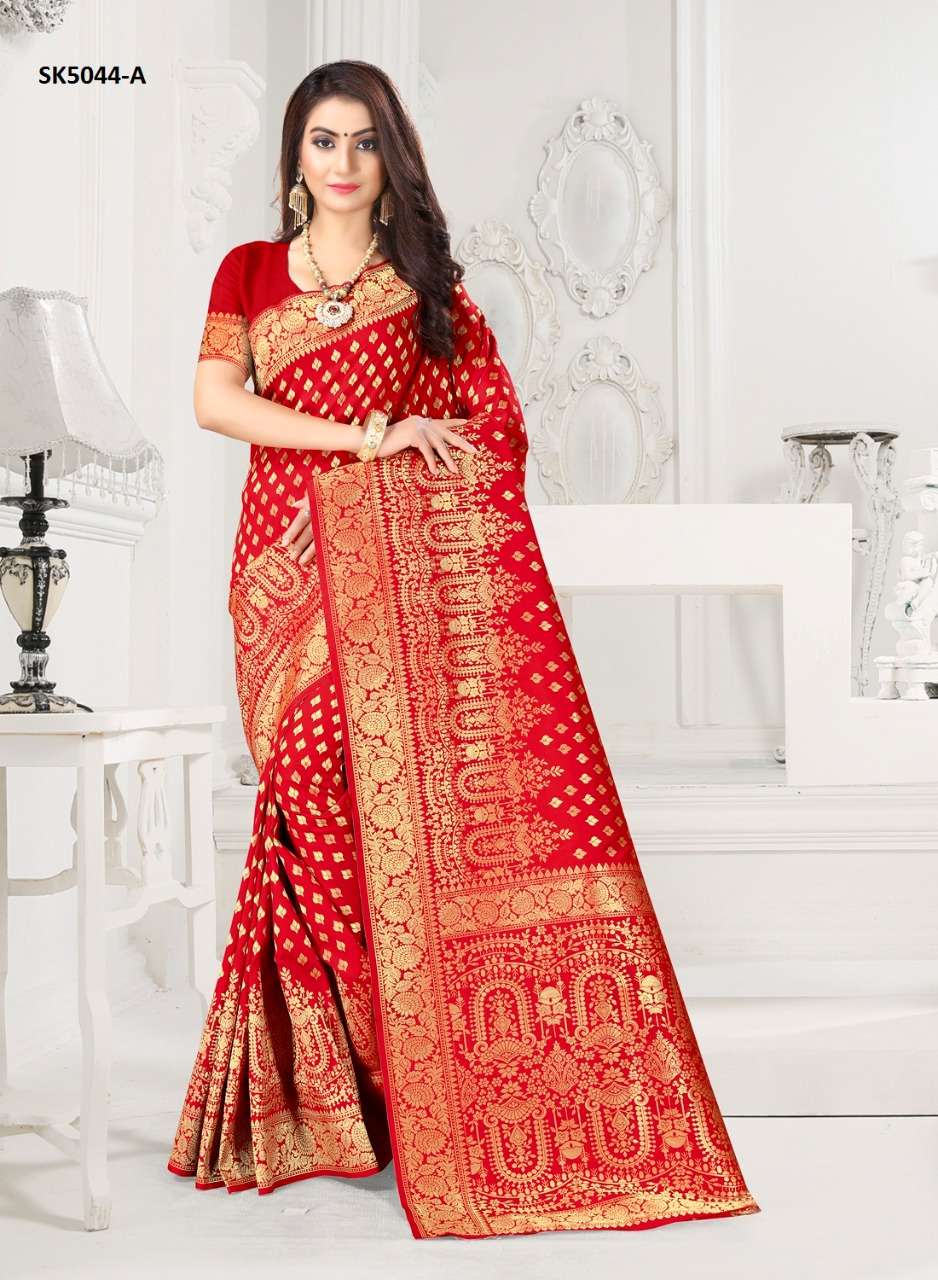 SHAKUNTALA BY INDIAN WOMEN 5043 TO 5048 SERIES INDIAN TRADITIONAL WEAR COLLECTION BEAUTIFUL STYLISH FANCY COLORFUL PARTY WEAR & OCCASIONAL WEAR DYED SILK WITH JACQUARD PALLU SAREES AT WHOLESALE PRICE