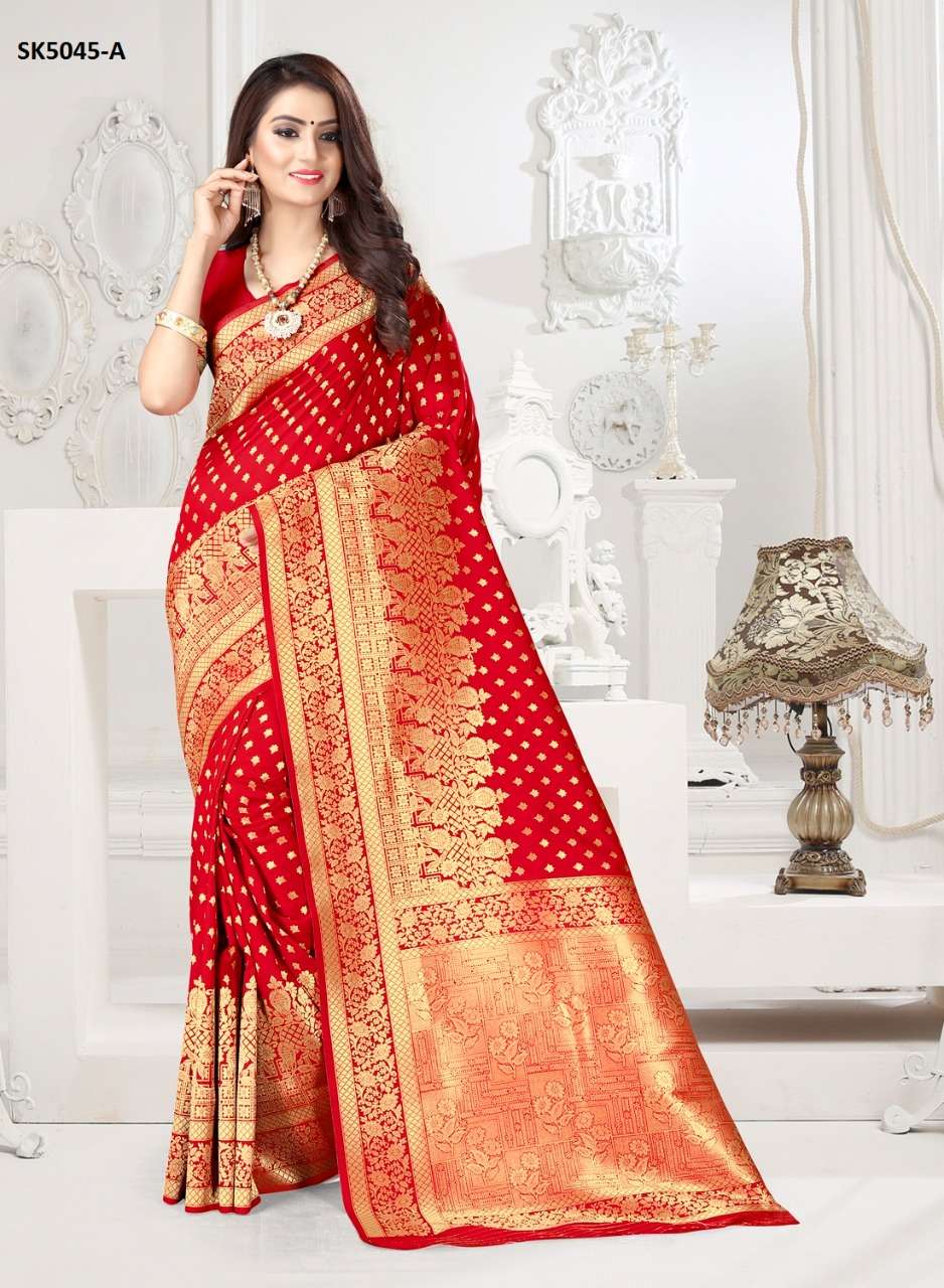 SHAKUNTALA BY INDIAN WOMEN 5043 TO 5048 SERIES INDIAN TRADITIONAL WEAR COLLECTION BEAUTIFUL STYLISH FANCY COLORFUL PARTY WEAR & OCCASIONAL WEAR DYED SILK WITH JACQUARD PALLU SAREES AT WHOLESALE PRICE
