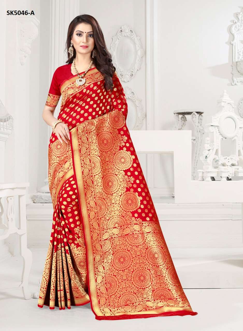 SHAKUNTALA BY INDIAN WOMEN 5043 TO 5048 SERIES INDIAN TRADITIONAL WEAR COLLECTION BEAUTIFUL STYLISH FANCY COLORFUL PARTY WEAR & OCCASIONAL WEAR DYED SILK WITH JACQUARD PALLU SAREES AT WHOLESALE PRICE