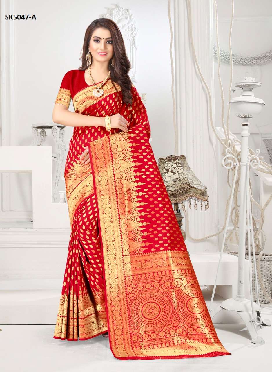 SHAKUNTALA BY INDIAN WOMEN 5043 TO 5048 SERIES INDIAN TRADITIONAL WEAR COLLECTION BEAUTIFUL STYLISH FANCY COLORFUL PARTY WEAR & OCCASIONAL WEAR DYED SILK WITH JACQUARD PALLU SAREES AT WHOLESALE PRICE