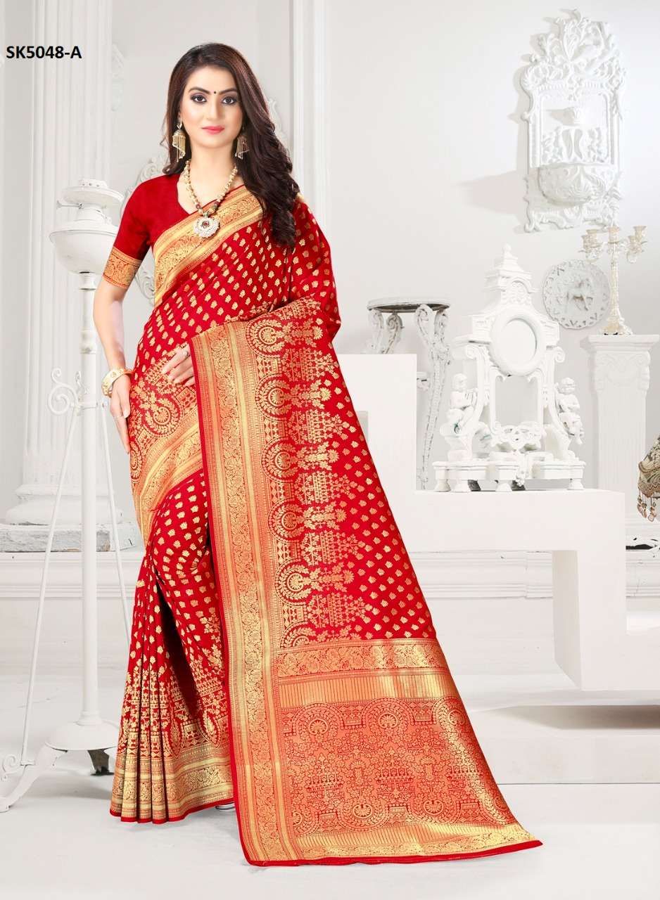 SHAKUNTALA BY INDIAN WOMEN 5043 TO 5048 SERIES INDIAN TRADITIONAL WEAR COLLECTION BEAUTIFUL STYLISH FANCY COLORFUL PARTY WEAR & OCCASIONAL WEAR DYED SILK WITH JACQUARD PALLU SAREES AT WHOLESALE PRICE