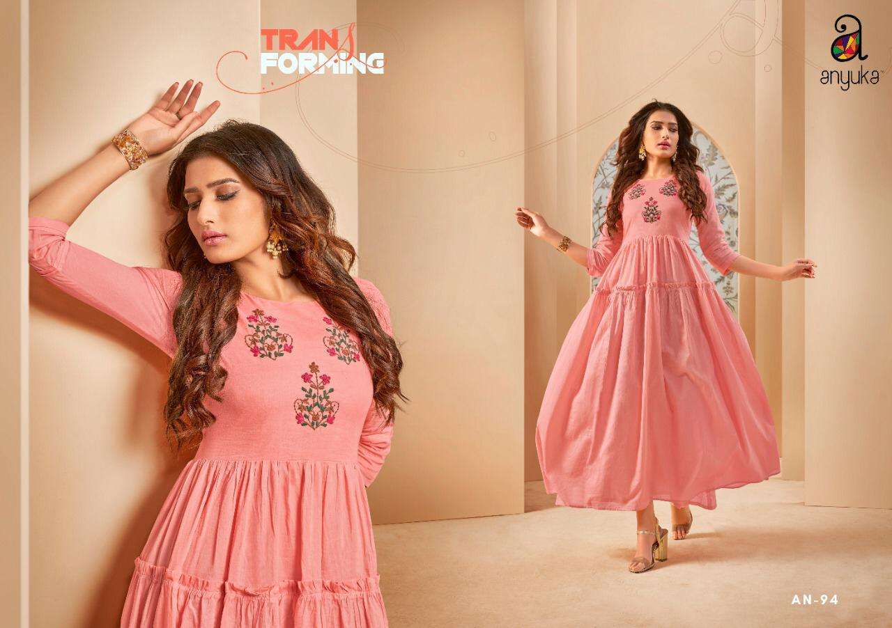 BLUSH BY ANYUKA 90 TO 94 SERIES BEAUTIFUL STYLISH FANCY COLORFUL CASUAL WEAR & ETHNIC WEAR & READY TO WEAR COTTON MAL MAL PRINTED GOWNS AT WHOLESALE PRICE