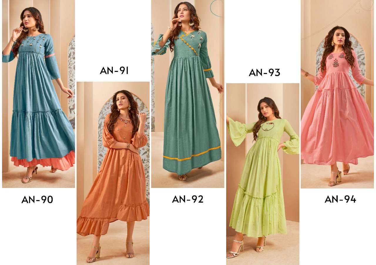 BLUSH BY ANYUKA 90 TO 94 SERIES BEAUTIFUL STYLISH FANCY COLORFUL CASUAL WEAR & ETHNIC WEAR & READY TO WEAR COTTON MAL MAL PRINTED GOWNS AT WHOLESALE PRICE