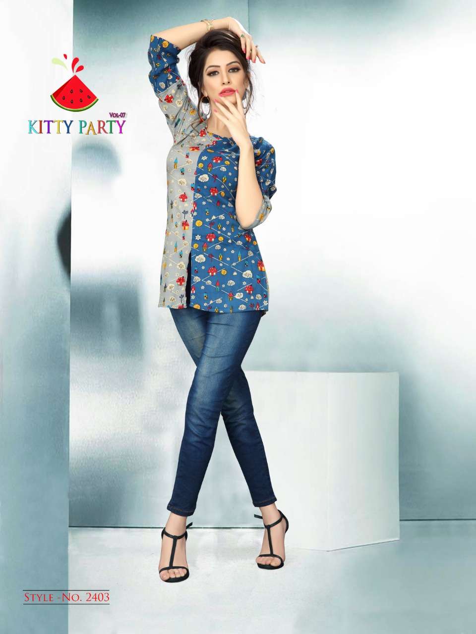 KITTY PARTY VOL-7 BY WATERMELON 2401 TO 2410 SERIES STYLISH FANCY BEAUTIFUL COLORFUL CASUAL WEAR & ETHNIC WEAR RAYON PRINTED 14 KG TOPS AT WHOLESALE PRICE