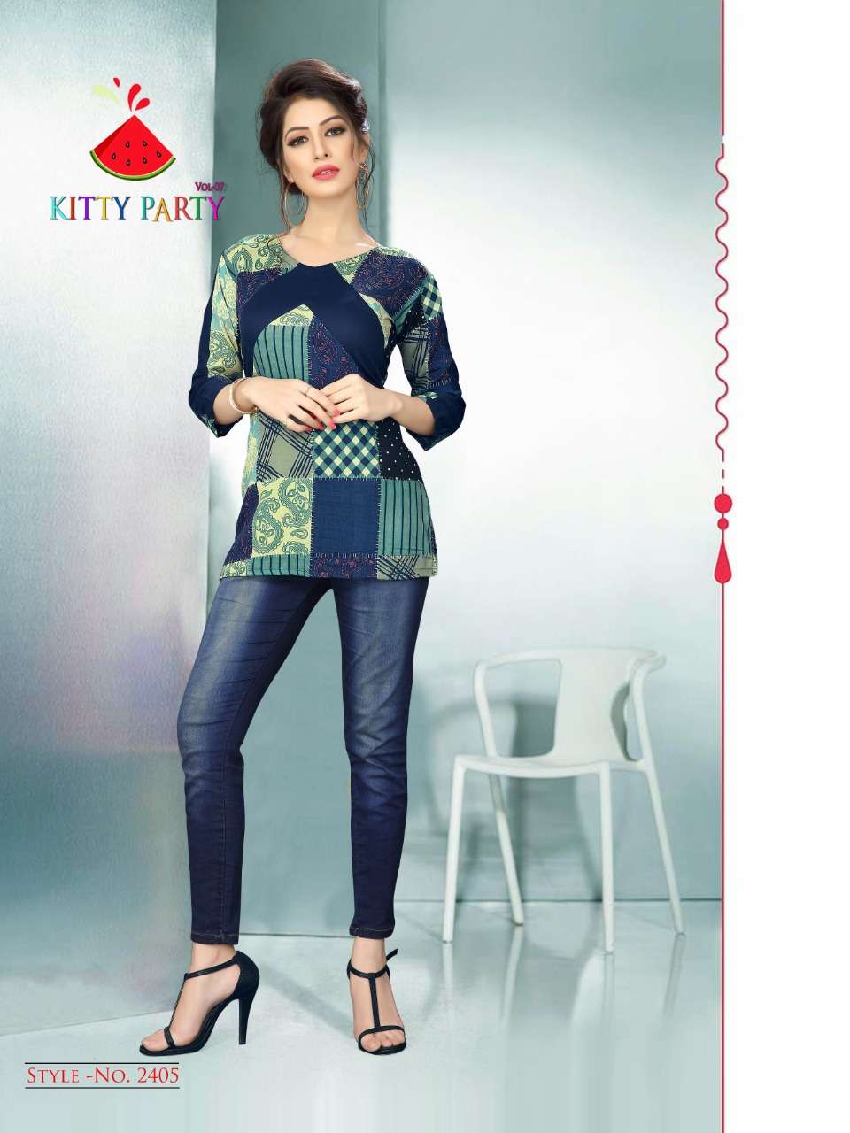 KITTY PARTY VOL-7 BY WATERMELON 2401 TO 2410 SERIES STYLISH FANCY BEAUTIFUL COLORFUL CASUAL WEAR & ETHNIC WEAR RAYON PRINTED 14 KG TOPS AT WHOLESALE PRICE