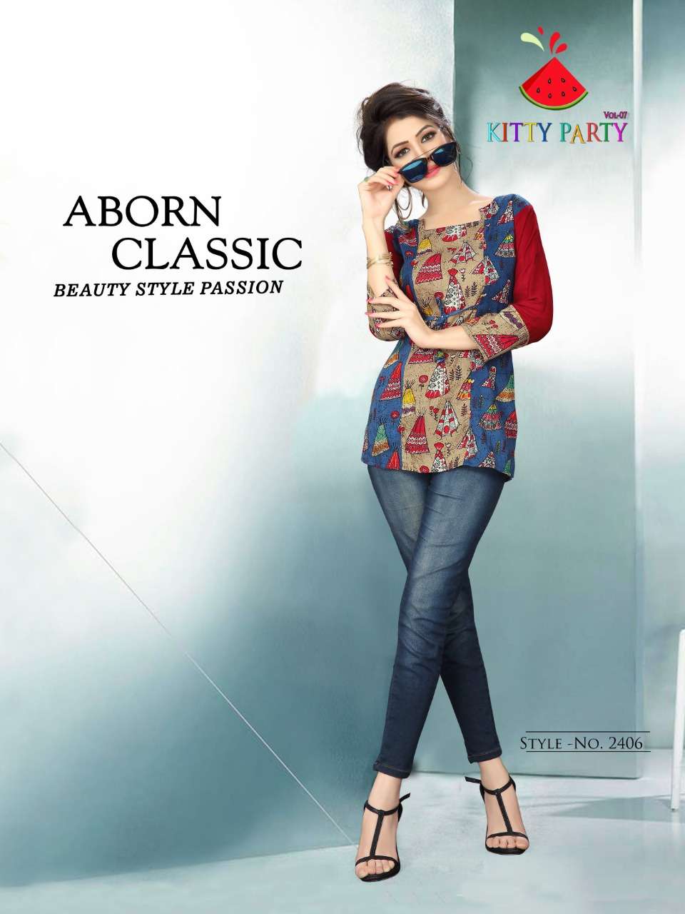 KITTY PARTY VOL-7 BY WATERMELON 2401 TO 2410 SERIES STYLISH FANCY BEAUTIFUL COLORFUL CASUAL WEAR & ETHNIC WEAR RAYON PRINTED 14 KG TOPS AT WHOLESALE PRICE