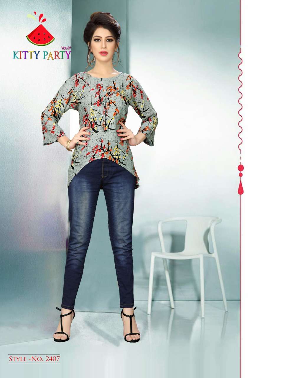 KITTY PARTY VOL-7 BY WATERMELON 2401 TO 2410 SERIES STYLISH FANCY BEAUTIFUL COLORFUL CASUAL WEAR & ETHNIC WEAR RAYON PRINTED 14 KG TOPS AT WHOLESALE PRICE