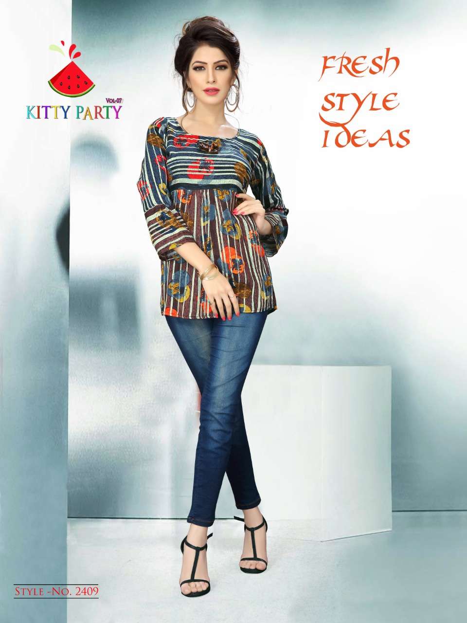 KITTY PARTY VOL-7 BY WATERMELON 2401 TO 2410 SERIES STYLISH FANCY BEAUTIFUL COLORFUL CASUAL WEAR & ETHNIC WEAR RAYON PRINTED 14 KG TOPS AT WHOLESALE PRICE