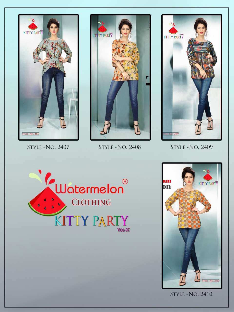 KITTY PARTY VOL-7 BY WATERMELON 2401 TO 2410 SERIES STYLISH FANCY BEAUTIFUL COLORFUL CASUAL WEAR & ETHNIC WEAR RAYON PRINTED 14 KG TOPS AT WHOLESALE PRICE