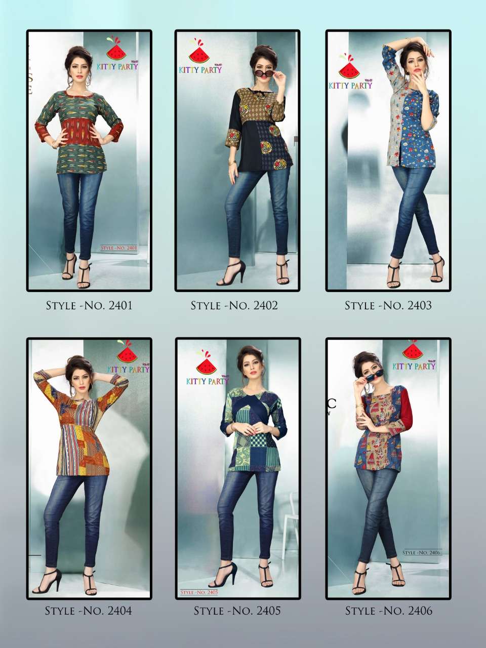 KITTY PARTY VOL-7 BY WATERMELON 2401 TO 2410 SERIES STYLISH FANCY BEAUTIFUL COLORFUL CASUAL WEAR & ETHNIC WEAR RAYON PRINTED 14 KG TOPS AT WHOLESALE PRICE