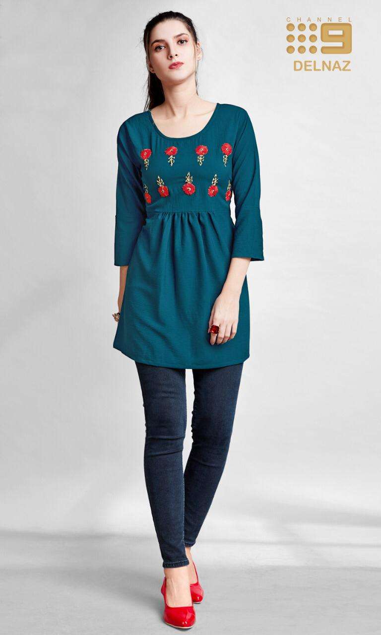 DELNAZ BY C9 01 TO 04 SERIES STYLISH FANCY BEAUTIFUL COLORFUL CASUAL WEAR & ETHNIC WEAR RIB LYCRA KURTIS AT WHOLESALE PRICE