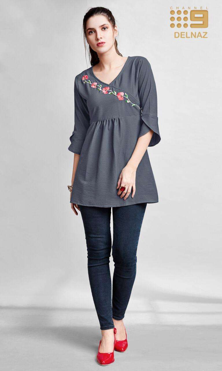DELNAZ BY C9 01 TO 04 SERIES STYLISH FANCY BEAUTIFUL COLORFUL CASUAL WEAR & ETHNIC WEAR RIB LYCRA KURTIS AT WHOLESALE PRICE