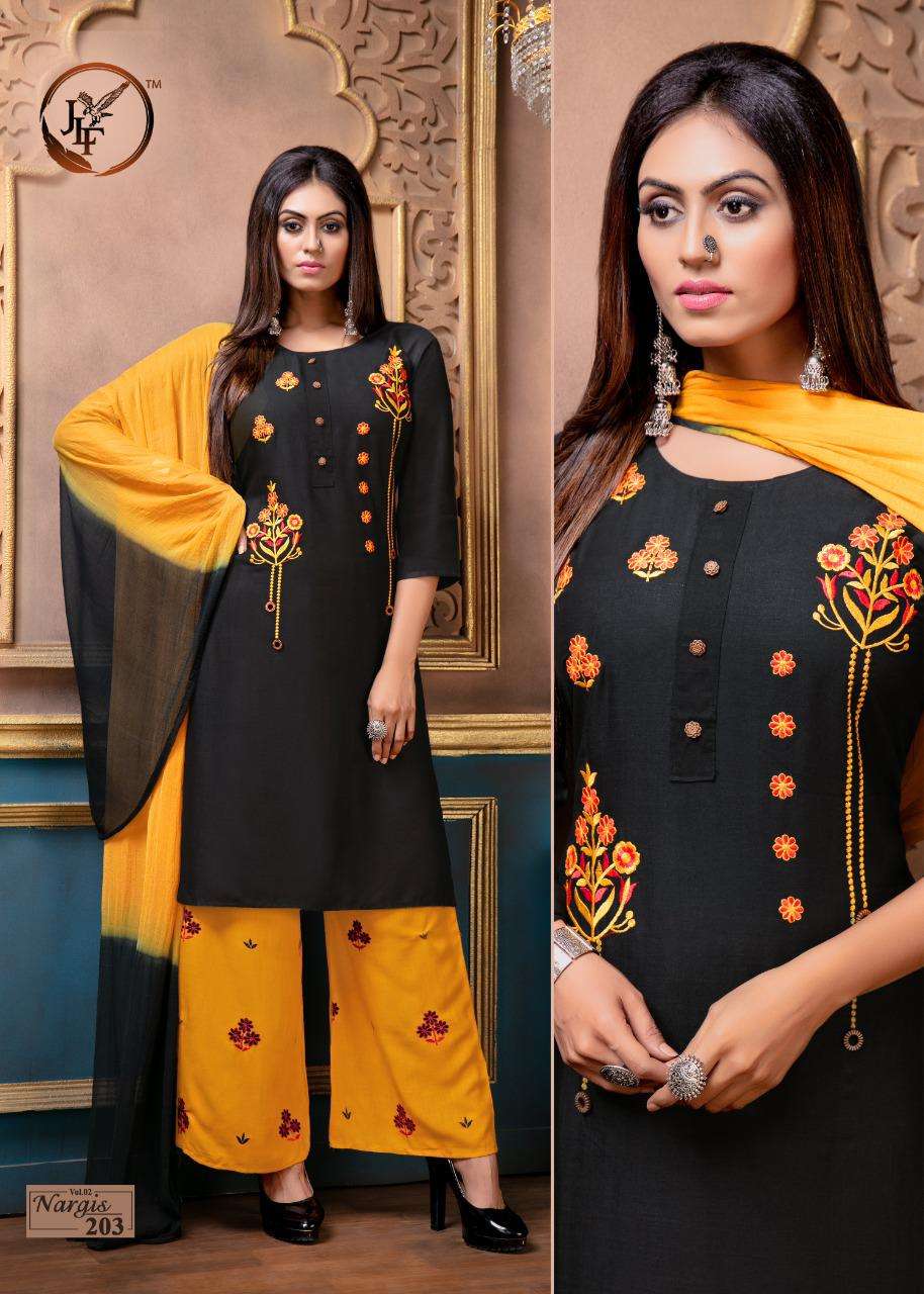 NARGIS VOL-2 BY JLF 201 TO 208 SERIES BEAUTIFUL STYLISH FANCY COLORFUL PARTY WEAR & ETHNIC WEAR RAYON SLUB WITH EMBROIDERED DRESSES AT WHOLESALE PRICE