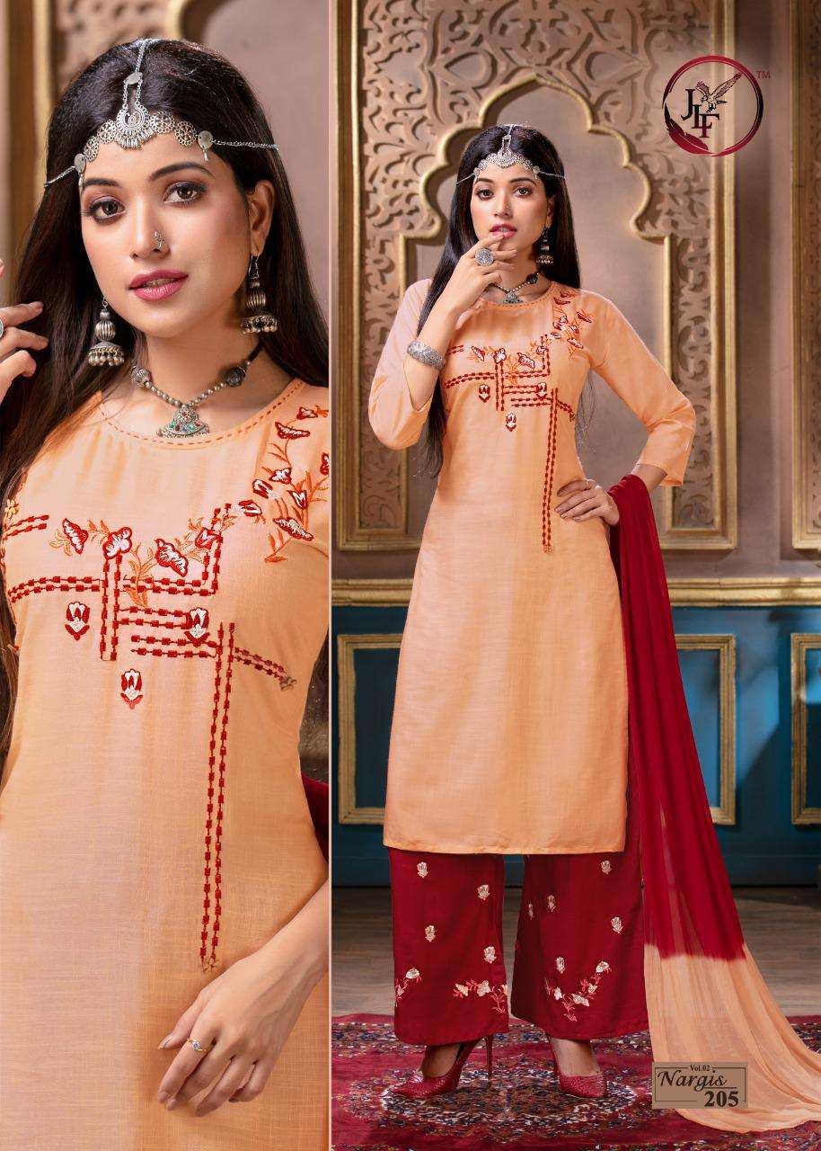 NARGIS VOL-2 BY JLF 201 TO 208 SERIES BEAUTIFUL STYLISH FANCY COLORFUL PARTY WEAR & ETHNIC WEAR RAYON SLUB WITH EMBROIDERED DRESSES AT WHOLESALE PRICE