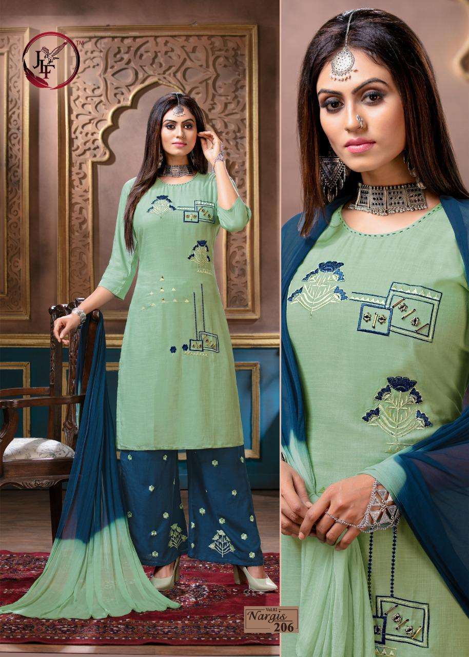 NARGIS VOL-2 BY JLF 201 TO 208 SERIES BEAUTIFUL STYLISH FANCY COLORFUL PARTY WEAR & ETHNIC WEAR RAYON SLUB WITH EMBROIDERED DRESSES AT WHOLESALE PRICE