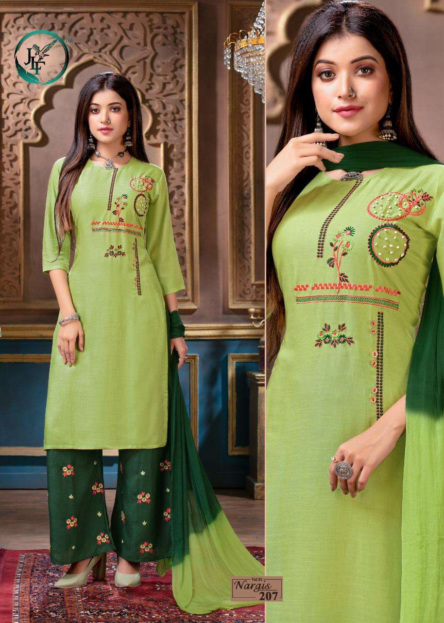 NARGIS VOL-2 BY JLF 201 TO 208 SERIES BEAUTIFUL STYLISH FANCY COLORFUL PARTY WEAR & ETHNIC WEAR RAYON SLUB WITH EMBROIDERED DRESSES AT WHOLESALE PRICE