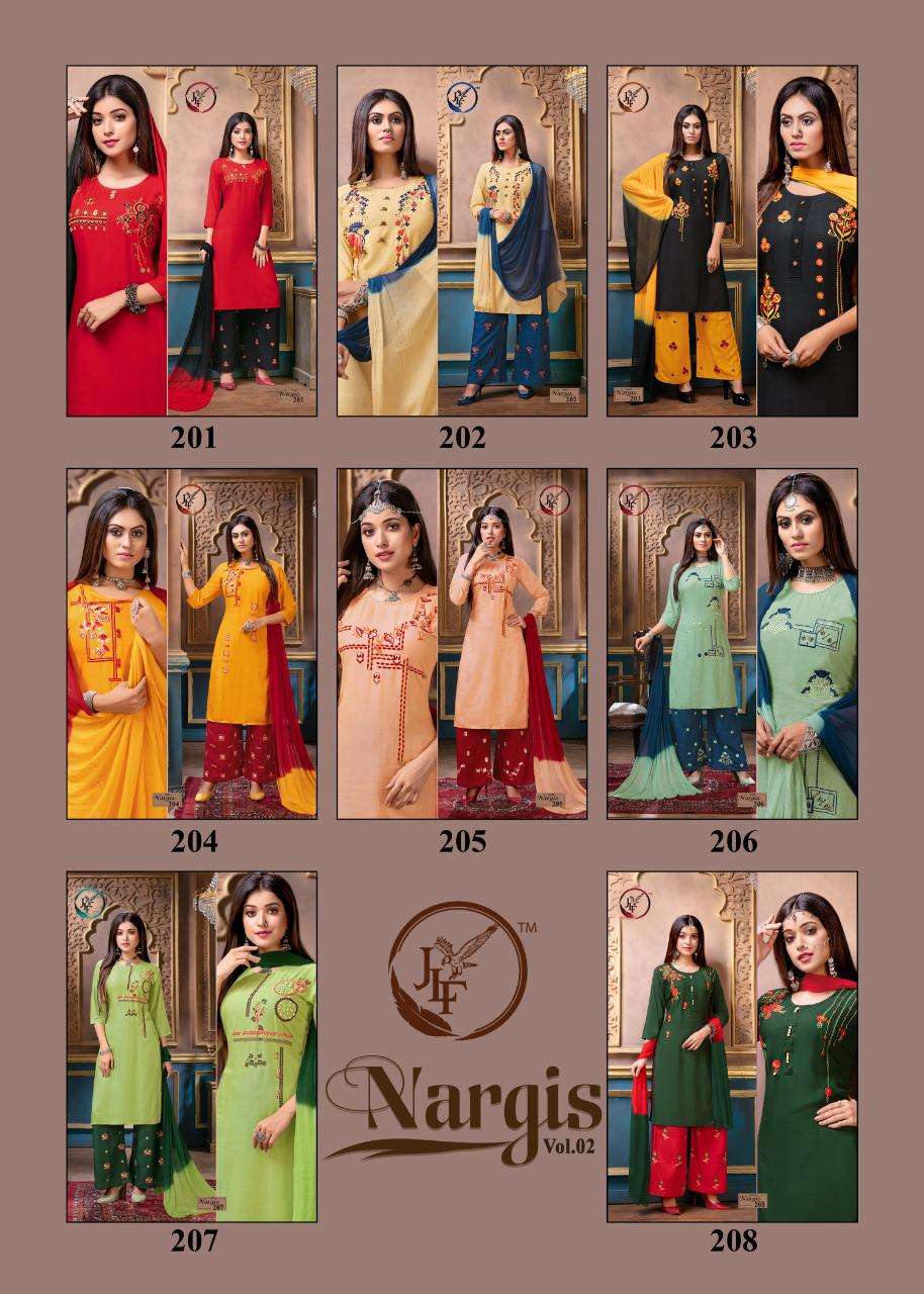 NARGIS VOL-2 BY JLF 201 TO 208 SERIES BEAUTIFUL STYLISH FANCY COLORFUL PARTY WEAR & ETHNIC WEAR RAYON SLUB WITH EMBROIDERED DRESSES AT WHOLESALE PRICE