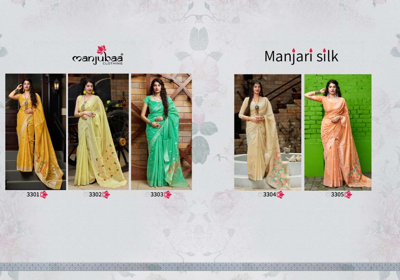 MANJARI SILK BY MANJUBAA CLOTHING 3301 TO 3305 SERIES INDIAN TRADITIONAL WEAR COLLECTION BEAUTIFUL STYLISH FANCY COLORFUL PARTY WEAR & OCCASIONAL WEAR SILK SAREES AT WHOLESALE PRICE