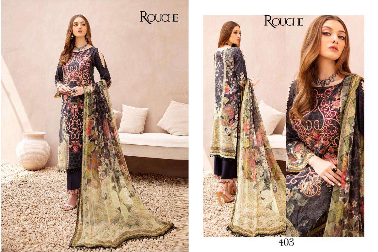 CHEVRON BY ROUCHE 401 TO 404 SERIES DESIGNER PAKISTANI SUITS BEAUTIFUL STYLISH FANCY COLORFUL PARTY WEAR & OCCASIONAL WEAR HEAVY COTTON JAM SATIN PRINT WITH EMBROIDERY DRESSES AT WHOLESALE PRICE