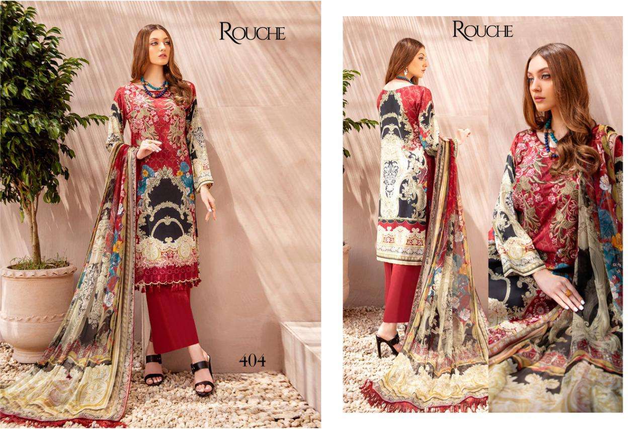 CHEVRON BY ROUCHE 401 TO 404 SERIES DESIGNER PAKISTANI SUITS BEAUTIFUL STYLISH FANCY COLORFUL PARTY WEAR & OCCASIONAL WEAR HEAVY COTTON JAM SATIN PRINT WITH EMBROIDERY DRESSES AT WHOLESALE PRICE