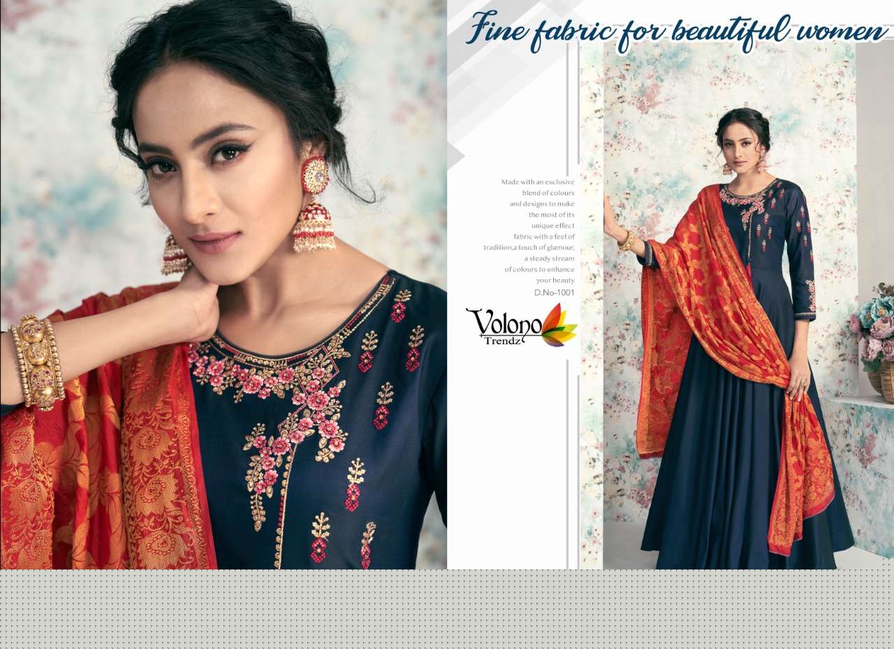 POSHAK VOL-2 BY VOLONO TRENDZ 1001 TO 1006 SERIES DESIGNER ANARKALI SUITS BEAUTIFUL FANCY STYLISH COLORFUL PARTY WEAR & OCCASIONAL WEAR HEAVY SATIN TAFETA WITH WORK DRESSES AT WHOLESALE PRICE