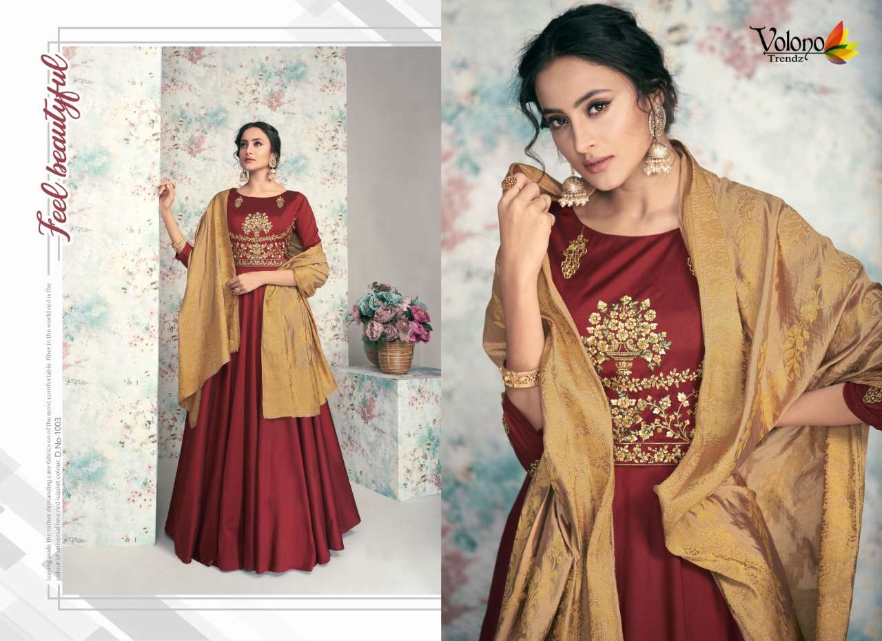 POSHAK VOL-2 BY VOLONO TRENDZ 1001 TO 1006 SERIES DESIGNER ANARKALI SUITS BEAUTIFUL FANCY STYLISH COLORFUL PARTY WEAR & OCCASIONAL WEAR HEAVY SATIN TAFETA WITH WORK DRESSES AT WHOLESALE PRICE