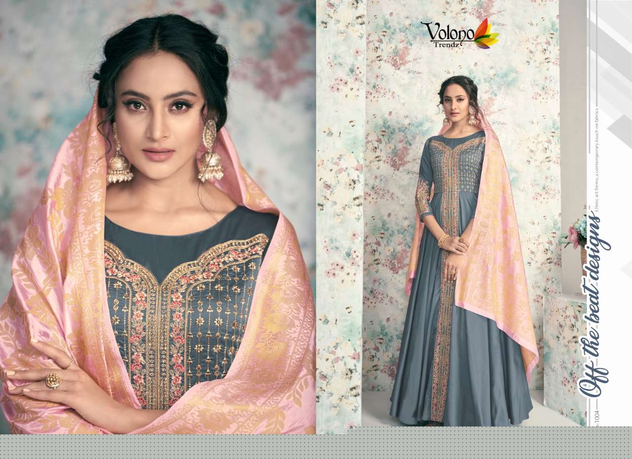 POSHAK VOL-2 BY VOLONO TRENDZ 1001 TO 1006 SERIES DESIGNER ANARKALI SUITS BEAUTIFUL FANCY STYLISH COLORFUL PARTY WEAR & OCCASIONAL WEAR HEAVY SATIN TAFETA WITH WORK DRESSES AT WHOLESALE PRICE