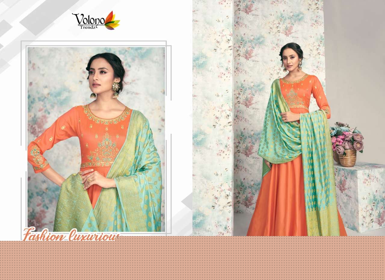 POSHAK VOL-2 BY VOLONO TRENDZ 1001 TO 1006 SERIES DESIGNER ANARKALI SUITS BEAUTIFUL FANCY STYLISH COLORFUL PARTY WEAR & OCCASIONAL WEAR HEAVY SATIN TAFETA WITH WORK DRESSES AT WHOLESALE PRICE