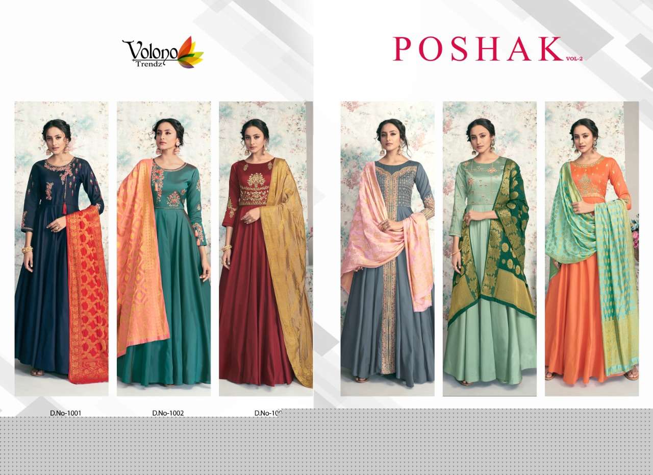 POSHAK VOL-2 BY VOLONO TRENDZ 1001 TO 1006 SERIES DESIGNER ANARKALI SUITS BEAUTIFUL FANCY STYLISH COLORFUL PARTY WEAR & OCCASIONAL WEAR HEAVY SATIN TAFETA WITH WORK DRESSES AT WHOLESALE PRICE
