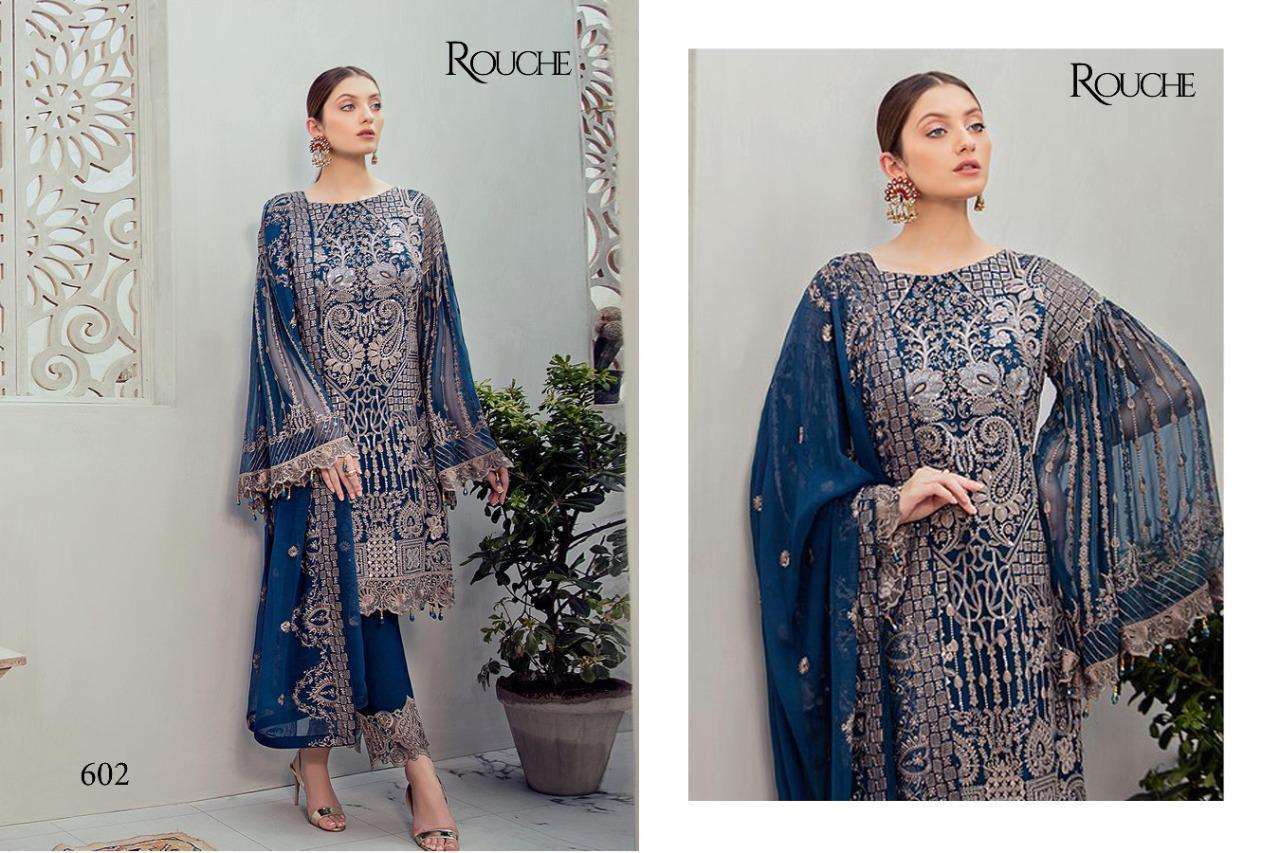 RANGOON BY ROUCHE 601 TO 604 SERIES BEAUTIFUL SUITS COLORFUL STYLISH FANCY CASUAL WEAR & ETHNIC WEAR HEAVY FAUX GEORGETTE WITH EMBROIDERY DRESSES AT WHOLESALE PRICE