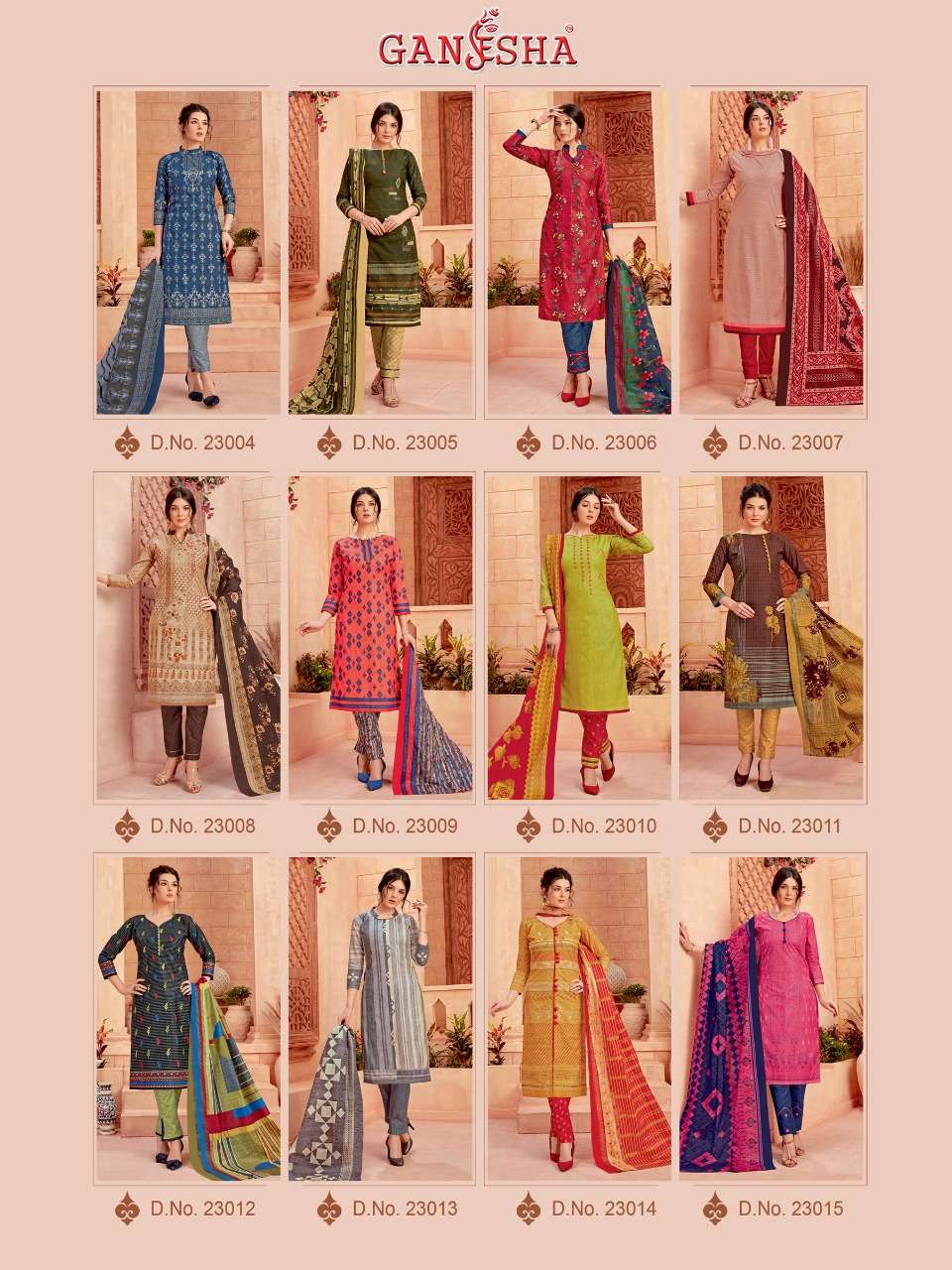 GANESHA VOL-23 BY GANESHA 23004 TO 23015 SERIES BEAUTIFUL SUITS COLORFUL STYLISH FANCY CASUAL WEAR & ETHNIC WEAR PURE COTTON PRINTED DRESSES AT WHOLESALE PRICE