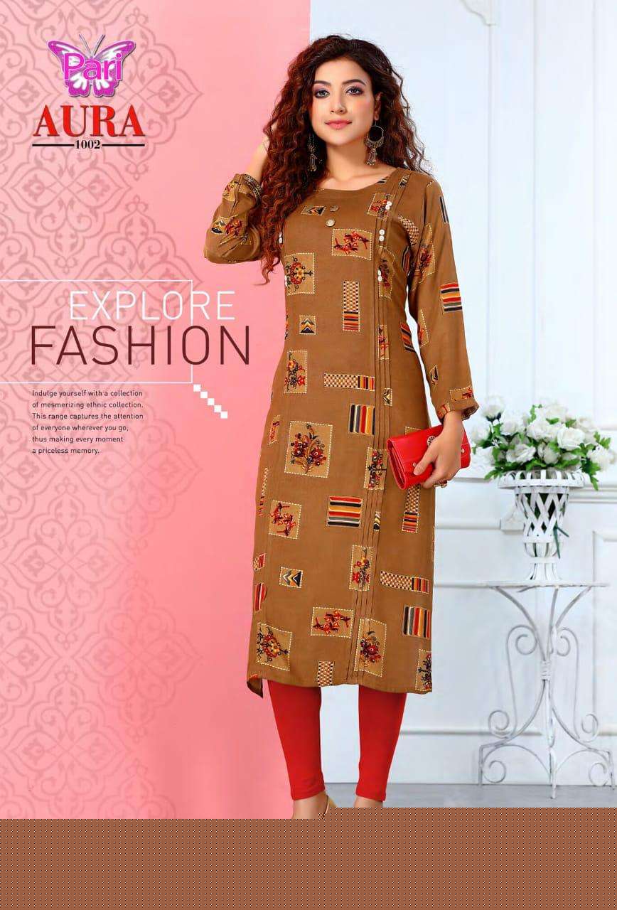 AURA BY PARI 1001 TO 1005 SERIES BEAUTIFUL COLORFUL STYLISH FANCY CASUAL WEAR & READY TO WEAR RAYON 13 KG PRINTED KURTIS AT WHOLESALE PRICE