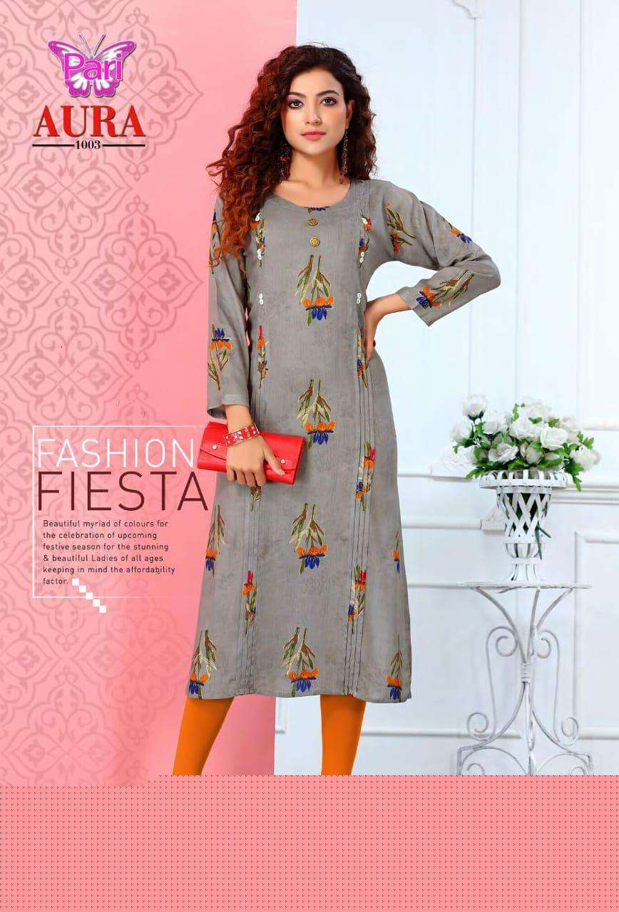 AURA BY PARI 1001 TO 1005 SERIES BEAUTIFUL COLORFUL STYLISH FANCY CASUAL WEAR & READY TO WEAR RAYON 13 KG PRINTED KURTIS AT WHOLESALE PRICE