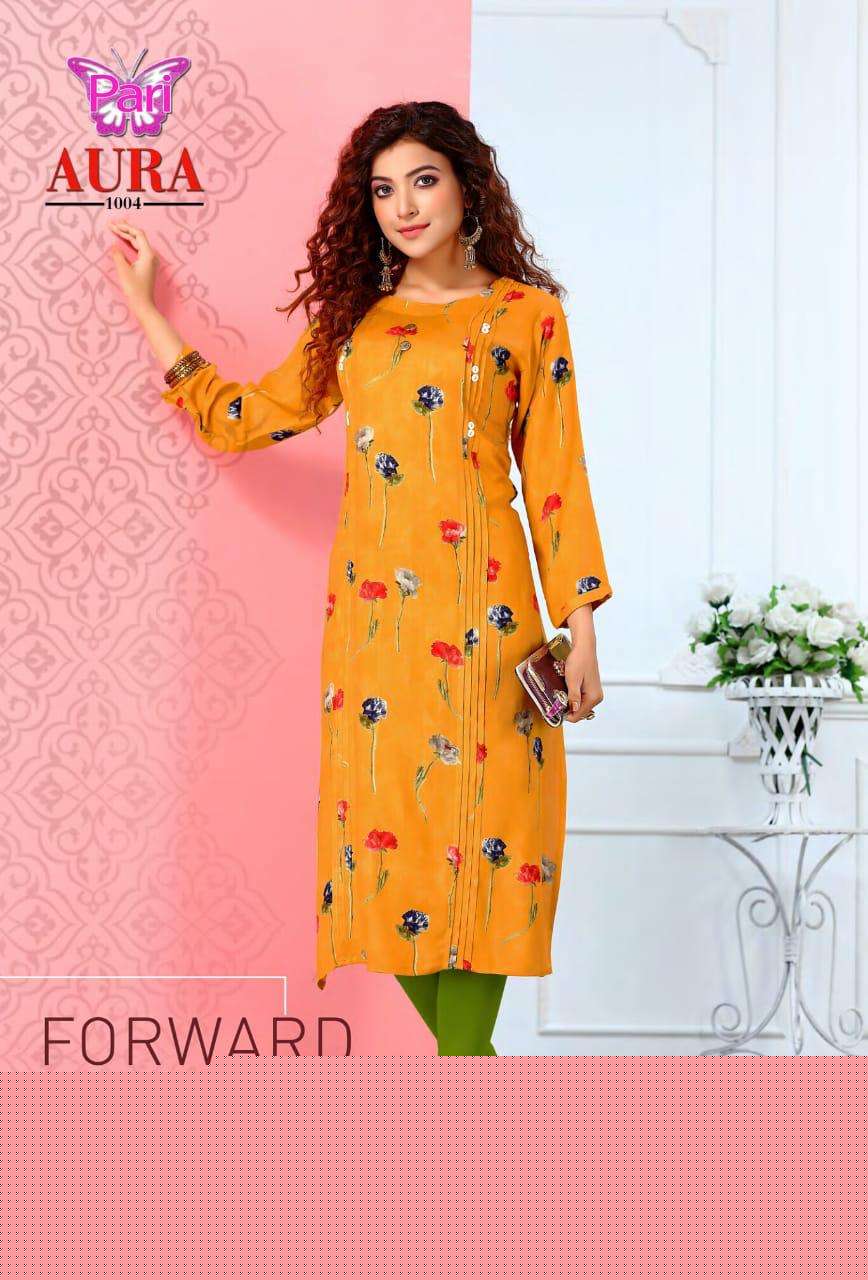 AURA BY PARI 1001 TO 1005 SERIES BEAUTIFUL COLORFUL STYLISH FANCY CASUAL WEAR & READY TO WEAR RAYON 13 KG PRINTED KURTIS AT WHOLESALE PRICE